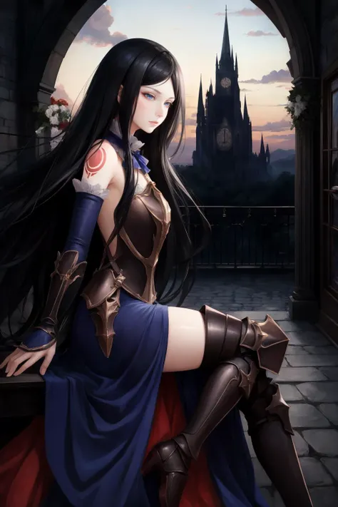 masterpiece, best quality, shanoa, armor, blue dress, detached sleeves, thigh boots, from side, night, outdoors, foyer, gothic architecture, leaning, tattoo <lora:shanoa-nvwls-v2-000012:0.9>