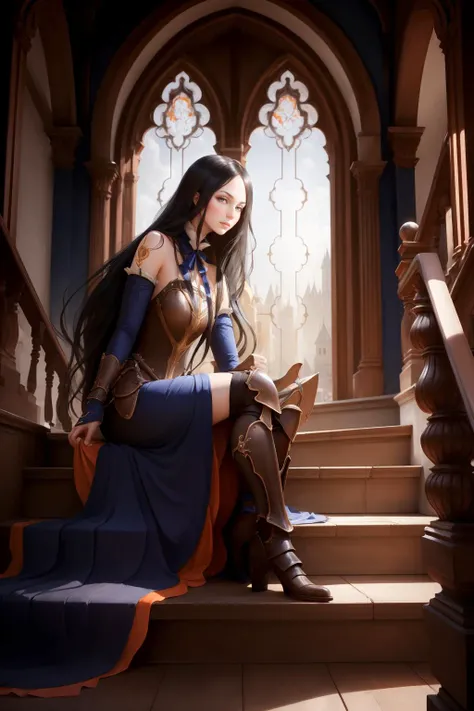 masterpiece, best quality, shanoa, armor, blue dress, detached sleeves, thigh boots, sitting, stairs, neutral expression, looking at viewer, gothic architecture, castle interior, night <lora:shanoa-nvwls-v2-000012:0.9>