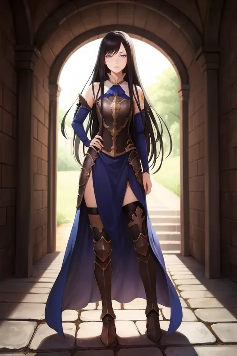 masterpiece, best quality, shanoa, armor, blue dress, detached sleeves, thigh boots, standing, looking sideways, dungeon cellar, stone wall, stone floors, dark <lora:shanoa-nvwls-v2-000012:0.9>