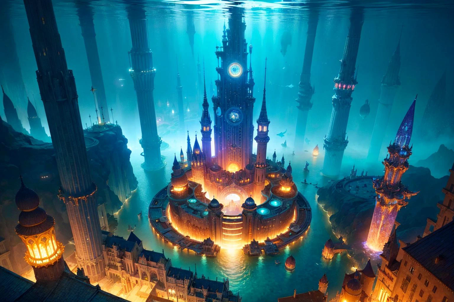 ((Fantacy city, underwater city)), landscape, sunshine, magical world
masterpiece, best quality, realistic, ultra highres, depth of field, (detailed background), (masterpiece:1.2), (ultra detailed), (best quality), intricate, comprehensive cinematic, fantasy photography, (gradients), colorful, detailed landscape, visual key,