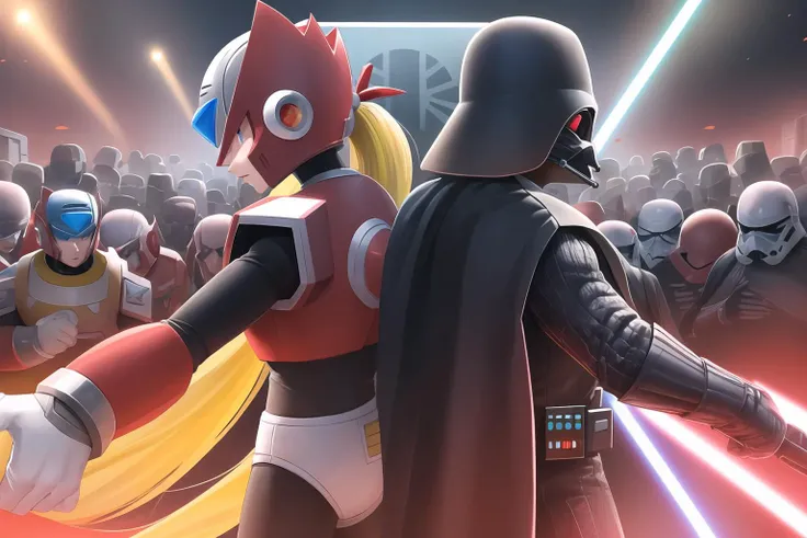 masterpiece, best quality, highres, ultra-detailed, back to back, surrounded, enemy crowd ADDCOMM
2boys, war, spacecraft interior ADDBASE
zero_megamanx, zero \(mega man\), blue eyes, blonde hair, ponytail, very long hair, long hair ADDCOL
darth vader