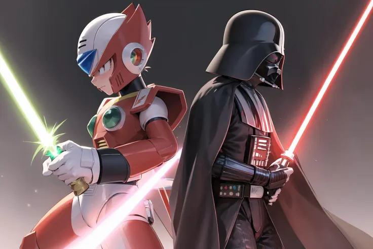 masterpiece, best quality, highres, ultra-detailed, sword fighting, duel, holding lightsaber, back to back ADDCOMM
2boys, war, spacecraft interior ADDBASE
zero_megamanx, zero \(mega man\) ADDCOL
darth vader