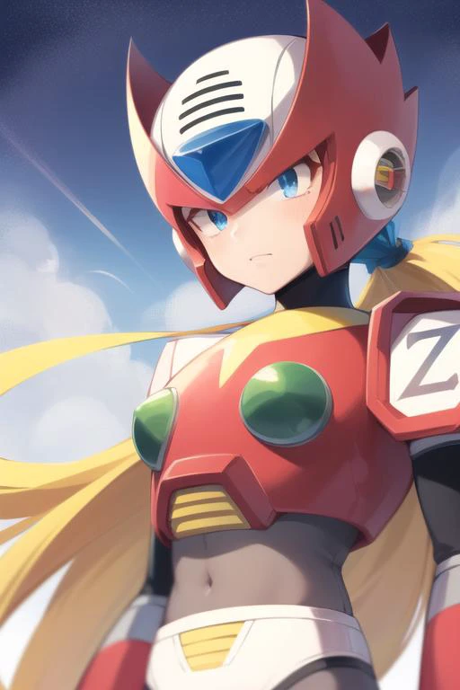 zero_megamanx, 1boy, solo, blue eyes, blonde hair, ponytail, long hair, helmet, android, male focus, two green boobs, portrait, masterpiece, high quality, <lora:Zero_MegaMan_X_V-09:1>