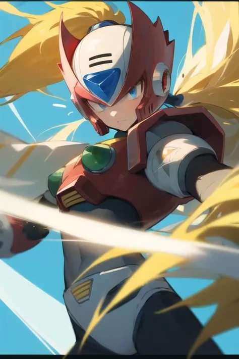zero_megamanx, 1boy, solo, blue eyes, blonde hair, ponytail, long hair, helmet, android, male focus, two green boobs, masterpiece, high quality, <lora:Zero_MegaMan_X_V-09:1>