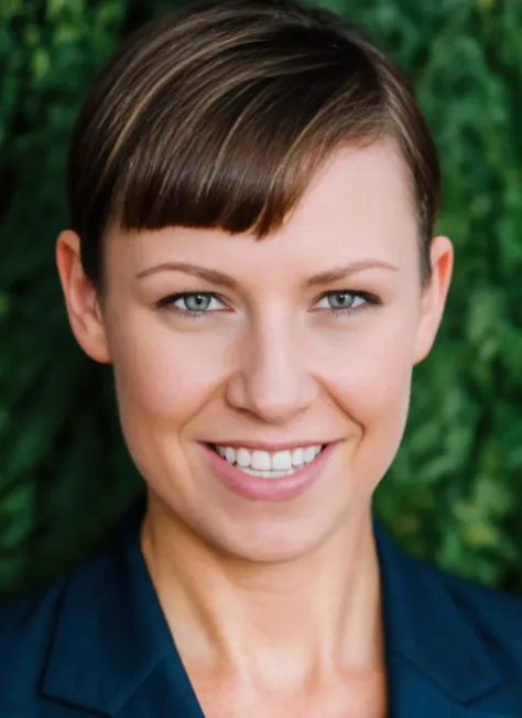 <lora:Natasha_Vale:0.8> professional photo of a young woman, upper body shot, NatVale, ((blue) business suit), smiling, short hair, solo, (soft lighting), sharp focus, detailed, natural lighting, ivy wall backdrop, (bokeh:1.2), kkw-ph1, kkw-skin-det