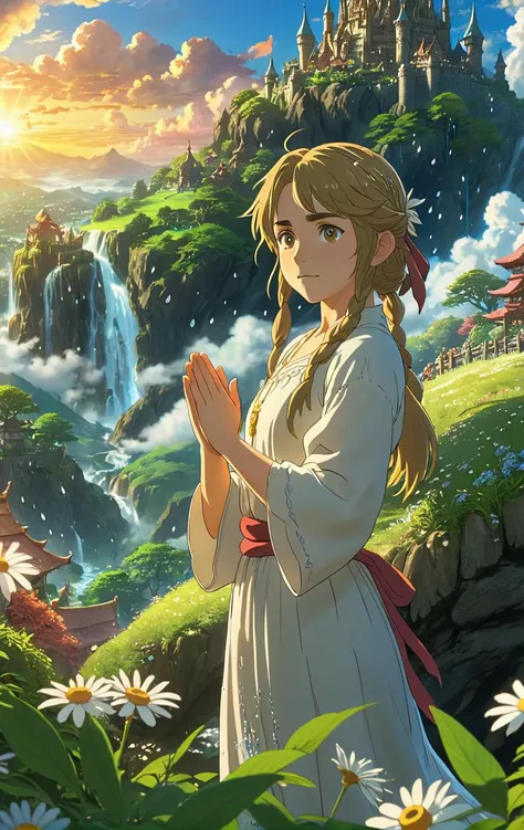 a fantasy movie poster featuring Omega Mind, Full Alert, "Raindrops cascade, nature's tears baptizing the earth, nourishing the seeds of rebirth and growth.", "Brown-eyed girl, you my brown-eyed girl.",illustration,storybook illustration,text,words,written words,cinematic,golden hour,massive scale,lumen reflections,by studio ghibli,breath of the wild,howls moving castle,intricate detail,ultra hd,8k