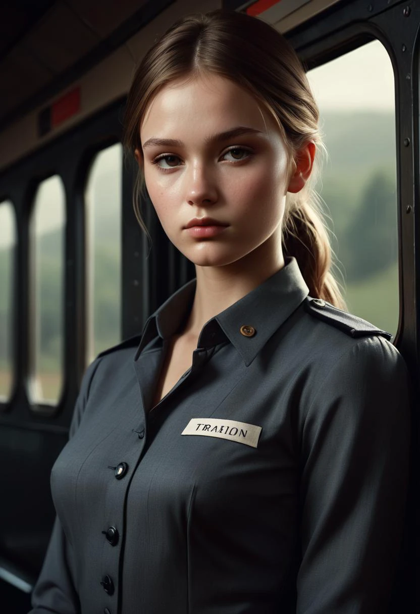 by Bojan Jevtic, Michael Borremans, Vector Art, RAW photo,close up of a strong 21yo Young Beauty Train conductor, alluring, Thoughtful Pose, Land Art, Ilford HP5+ 400, F/5, perfect skin, Smooth Skin,Full Body,Bold, Brilliant Dim Background Light, Friarmoody lighting,Sharp and in focus,8k, Visual novel,Moody lighting, Soft Image, Brilliant Masterpiece