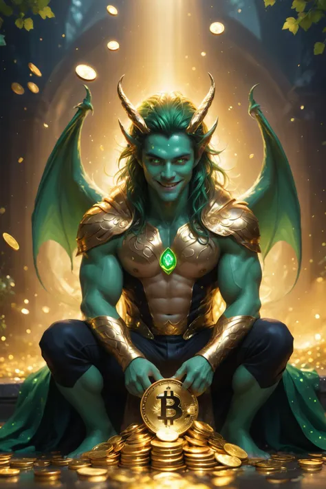 <lora:RossTranXL:0.6>rostran style,graphic novel illustration, insane Small leprechaun, Sitting on a Pile of Golden Bitcoins, Golden Coin Rain, Gold Glow, High Contrast, Dark Shadow, Deep Colors, Insane Smile, Creepy Vibe, Gold Drip, Artistic, Hazy, Powerful Theme, Drooling Gold, Crazed, Alluring Trickery, Strange, Leprechaun King, Green Lighting, 4 leaf clovers, Huge Green Dragon Behind Throne, Liquid Rainbow oil floor, Beams of Brilliance, Celtic Theme, Greed Theme, Smog and Fog, Large 4 leave Clovers, King of Coin,