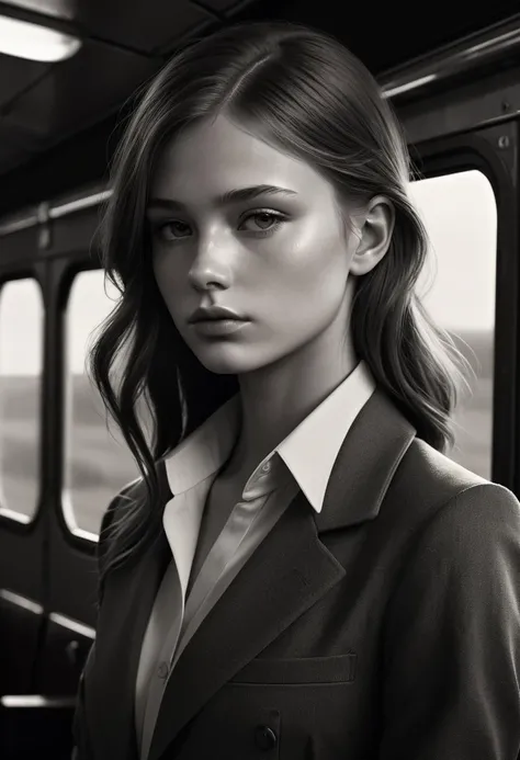 by Bojan Jevtic, Michael Borremans, Vector Art, RAW photo,close up of a strong 21yo Young Beauty Train conductor, alluring, Thoughtful Pose, Land Art, Ilford HP5+ 400, F/5, perfect skin, Smooth Skin,Full Body,Bold, Brilliant Dim Background Light, Friarmoody lighting,Sharp and in focus,8k, Visual novel,Moody lighting, Soft Image, Brilliant Masterpiece