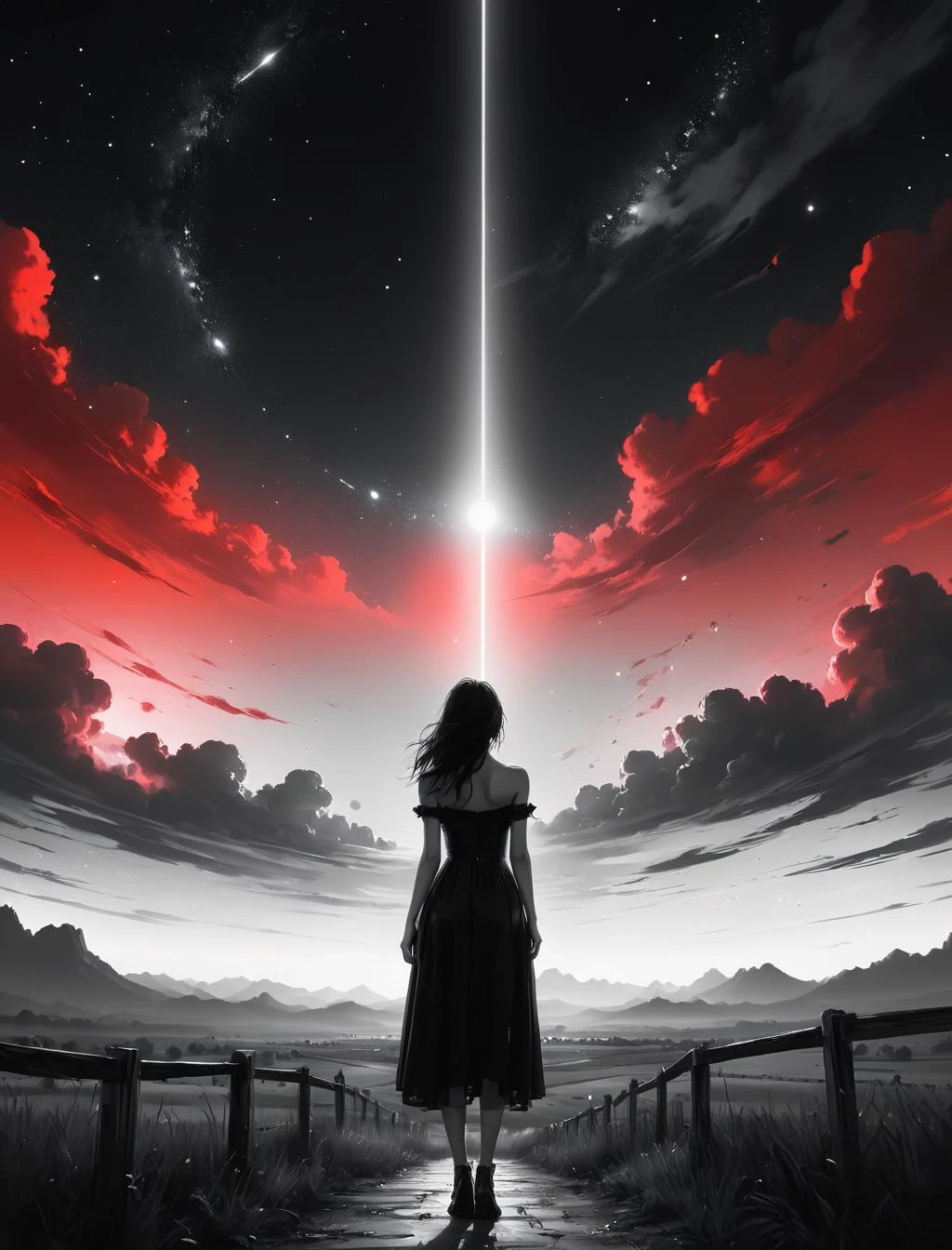(designed by Ross Tran:0.9) , Digital painting, grand, wide angle of a"Country Love, Sky Beauty", it is Complementary, Celestial equator background, at Nighttime, Sharp and in focus, Regret, Accent lighting, telephoto lens, Monochrome, absurdres, UHD, smooth tones,Red and Black Mode,Stylistic,Realistic,Psychotic,Insanity