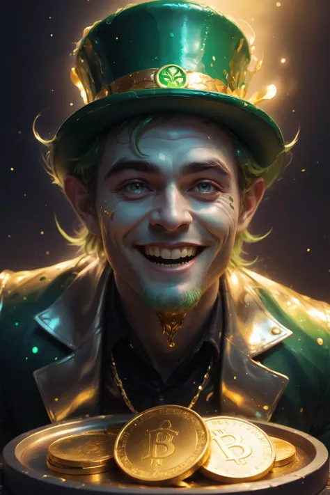 <lora:RossTranXL:0.6>rostran style,graphic novel illustration, insane leprechaun, Eating gold Coins, Gold Glow, High Contrast, Dark Shadow, Deep Colors, Insane Smile, Creepy Vibe, Gold Drip, Artistic, Hazy, Powerful Theme, Drooling Gold, Crazed,