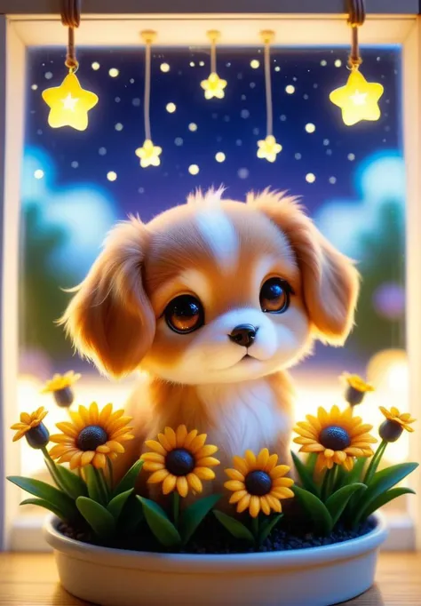 zhibi, chibi, Puppu cute, in a pet store glass window, in a petstore, sun going down on the horizont <lora:zhibi:1>, Soft Image, Disney Style, Cute, Gorgeous background, Brilliant lighting, Light colored eyes, Cozy Warm Glow, Nighttime, Sleeping in a Bed flowers, starry Night, Wisp, Fire Flies, Slight Neon Glow,