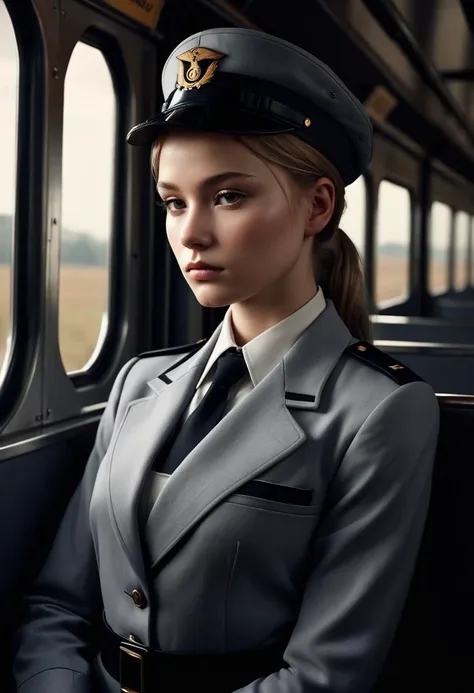 by Bojan Jevtic, Michael Borremans, Vector Art, RAW photo,close up of a strong 21yo Young Beauty Train conductor, alluring, Thoughtful Pose, Land Art, Ilford HP5+ 400, F/5, perfect skin, Smooth Skin,Full Body,Bold, Brilliant Dim Background Light, Friarmoody lighting,Sharp and in focus,8k, Visual novel,Moody lighting, Soft Image, Brilliant Masterpiece