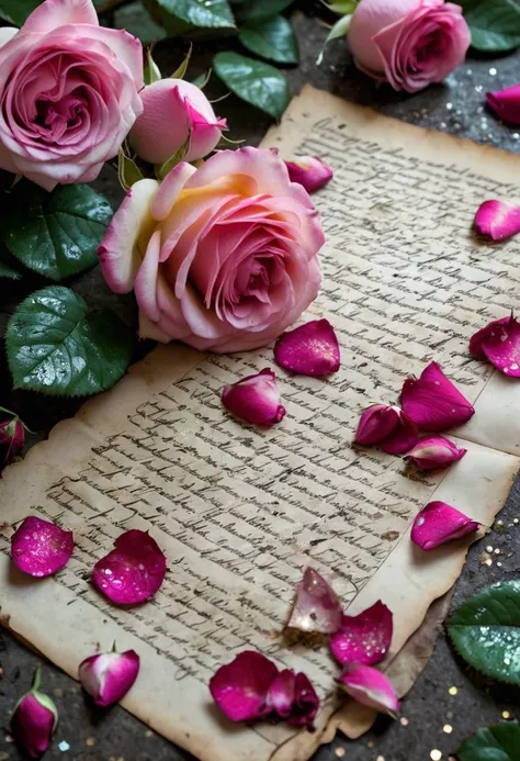 Slimepunk, Film grain, "The fragrance of roses, a love letter written in petals, whispered secrets in the garden.", very Ruined, Classical Realism, glitter texture