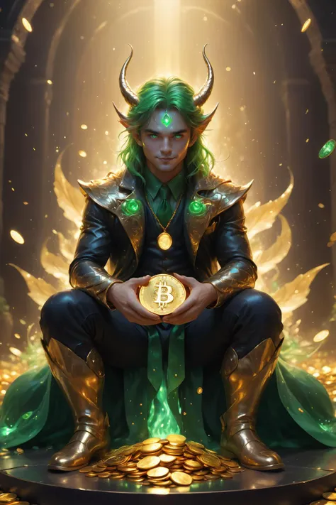 <lora:RossTranXL:0.6>rostran style,graphic novel illustration, insane Small leprechaun, Sitting on a Pile of Golden Bitcoins, Golden Coin Rain, Gold Glow, High Contrast, Dark Shadow, Deep Colors, Insane Smile, Creepy Vibe, Gold Drip, Artistic, Hazy, Powerful Theme, Drooling Gold, Crazed, Alluring Trickery, Strange, Leprechaun King, Green Lighting, 4 leaf clovers, Huge Green Dragon Behind Throne, Liquid Rainbow oil floor, Beams of Brilliance, Celtic Theme, Greed Theme, Smog and Fog, Large 4 leave Clovers, King of Coin,
