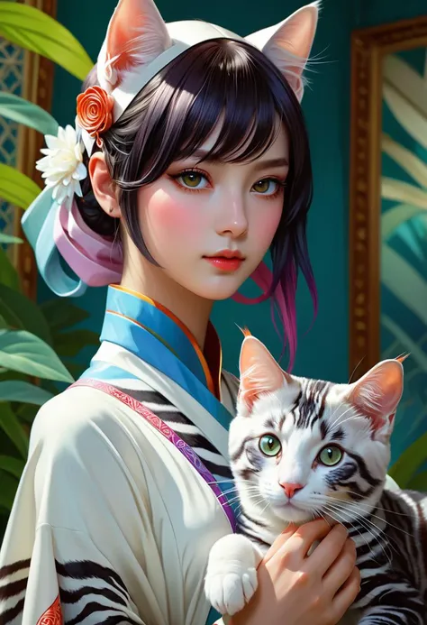 art by greg rutkowski, loish, rhads, ferdinand knab, makoto shinkai, lois van baarle, ilya kuvshinov, rossdraws, tom bagshaw and alphonse mucha, digital art, (Girl:1.3) , wearing tunic with Zebra adornments, Turkish Angora Cat Tail, detailed background, most beautiful artwork in the world, highly detailed, moody lighting, Depth of field 270mm, rainbow swirl, absurdres, beautiful