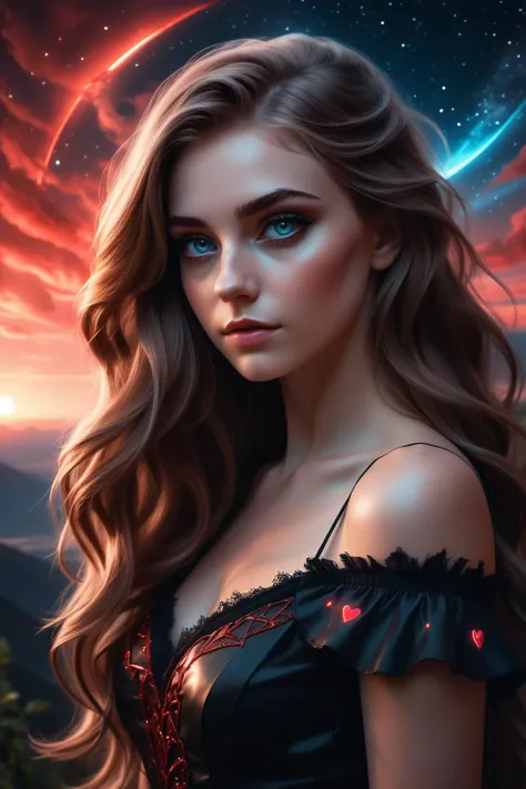 (designed by Ross Tran:0.9) , Digital painting, grand, wide angle of a"Nature Love, Sky Beauty", it is Complementary, Celestial equator background, at Nighttime, Sharp and in focus, Regret, Accent lighting, telephoto lens, Monochrome, absurdres, UHD, smooth tones,Red and Black Mode,Stylistic,Realistic,Psychotic,Insanity, 20yo Beauty, DnD Portrait, Brilliant Lighting, Award Winning, 4k, College Style Outfit, Long Flowing Hair, Cateye Makeup
