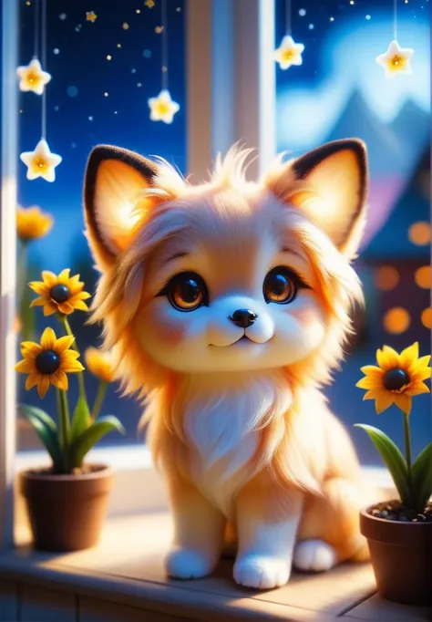 zhibi, chibi, Puppu cute, in a pet store glass window, in a petstore, sun going down on the horizont <lora:zhibi:1>, Soft Image, Disney Style, Cute, Gorgeous background, Brilliant lighting, Light colored eyes, Cozy Warm Glow, Nighttime, Sleeping in a Bed flowers, starry Night, Wisp, Fire Flies, Slight Neon Glow,