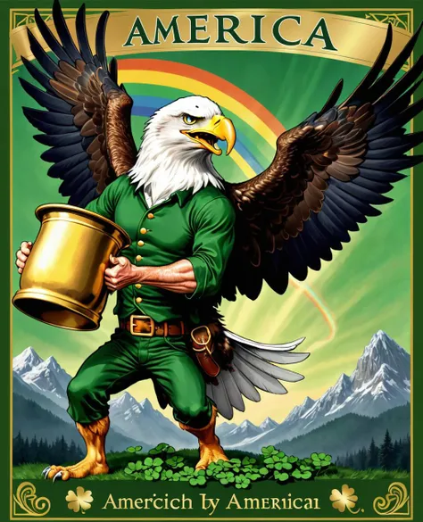Proud Strong American Eagle, Attacking a leprechaun with a pot of gold. Banner Saying "America" 4 Leaf Clover Patch, Leprechaun Running Away, Tokyo Poster Art,