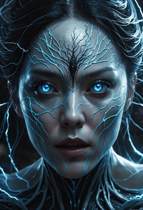 D&D style portrait, fantasy, designed by JeeYoung Lee, digital art, close up of a Dirty Female Poltergeist, intricate details, sci-fi, detailed face, Veins, ((Masterpiece)), Beauty Aura, Maximum Electric, Darkness is the Setting, Soul Stealer