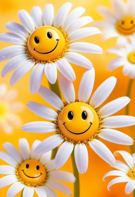 Bahamian Daisies, Burning, covered in Seashells, Golden ratio, Fine art, Princecore, Depth of field 100mm, four colors, full of color, octane engine, Cute Honey Drip, Smiley Face In Middle of Flowers