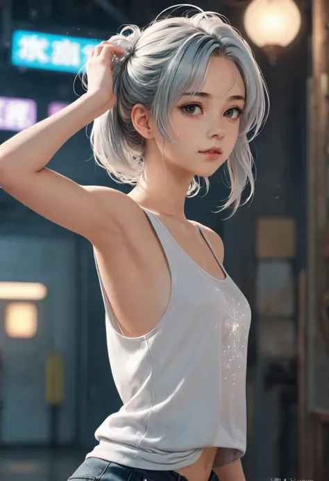 (((masterpiece))) , (((best quality))) , anime style, 2d, Contemporary Machinint (flawless 1girl, solo:1.1) , very Peaceful, she is dressed in Tank top, her Tank top is Delicate and Sparkling, It looks very Enchanting on her, her hair is Long and Flowing, key visual, Sharp,