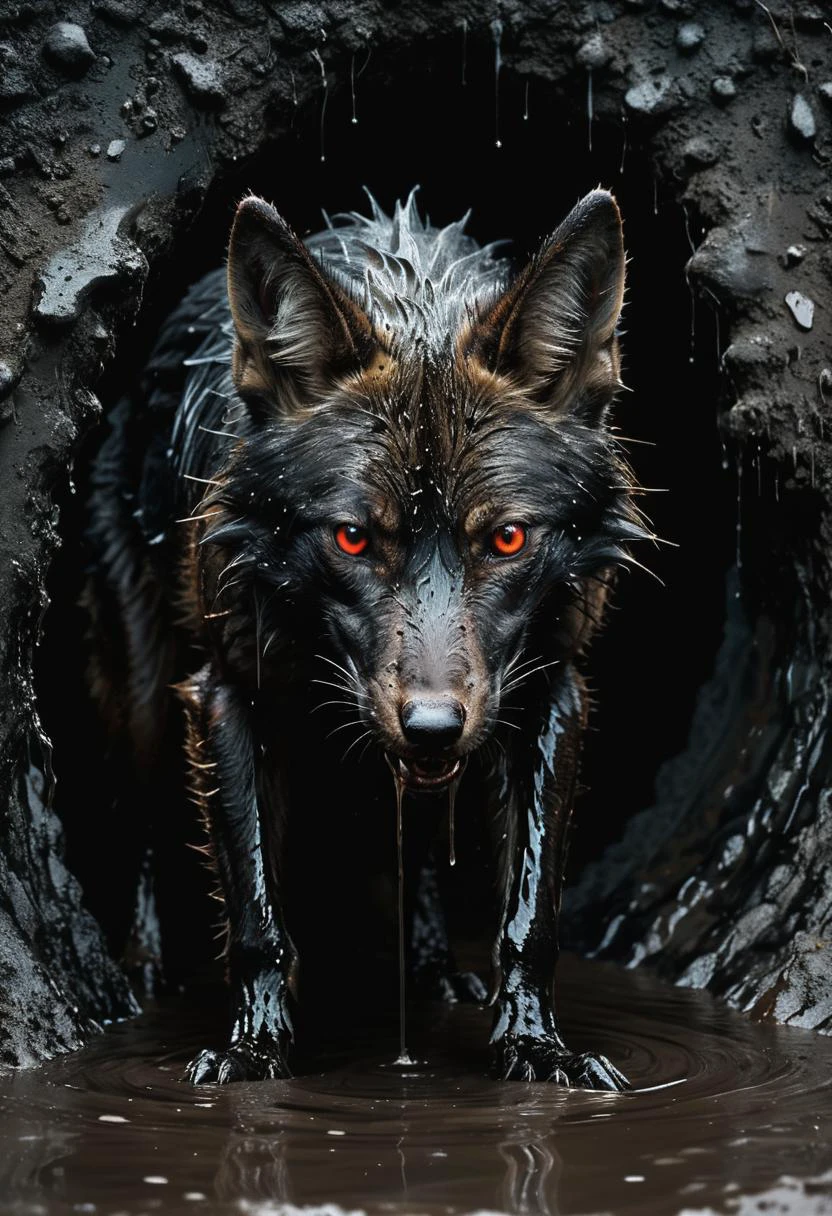 cinematic photo of a Strong Powerful Large with Massive Scary Black Coyote Crawling out of a Dark Hole in the Darkness, All Black, detailed, masterpiece, high contrast, high saturated, vivid deep blacks, soft image, Splashing Water,
Rekt Darkness, Dark Contrast, Dark Involvement, the setting is midnight, glow reflecting off water, Creepy and Weird, Covered in Mud, Flashes of Red Brilliance, Pitch Black Lighting
<lora:Melting_world:0.4>