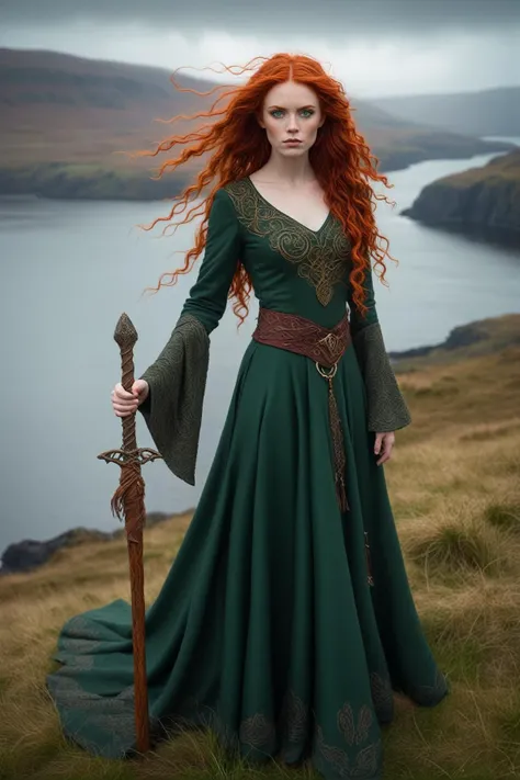 outdoor Scottish highlands,vivid sunset hues,fantasy setting. A striking redhead woman, (distinctly Scottish),wearing an elaborate elven-inspired gown. The gown is a fusion of deep emerald green and earthy browns,with intricate Celtic knotwork embroidery in gold thread.flowing sleeves,a fitted bodice,and a full,sweeping skirt that seems to blend with the rugged terrain. Her fiery red hair is styled in a cascade of loose curls. piercing green eyes reflect the wild beauty of the landscape. She stands atop a grassy knoll,overlooking a misty loch. In her hands,she holds an ancient,rune-carved staff,emanating a soft,otherworldly glow.