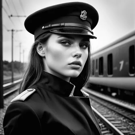 by Bojan Jevtic, Michael Borremans, Vector Art, RAW photo,close up of a strong 21yo Beauty Train conductor, alluring, Thoughtful Pose, Land Art, Ilford HP5+ 400, F/5, perfect skin, Smooth Skin,Full Body,Bold