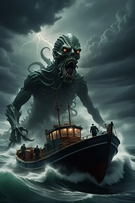 (HP Lovecraft Monster attacks trawling boat), fierce storm raging, chaotic waves crashing, dim light flickering, eerie shadows, subsurface scattering sfw