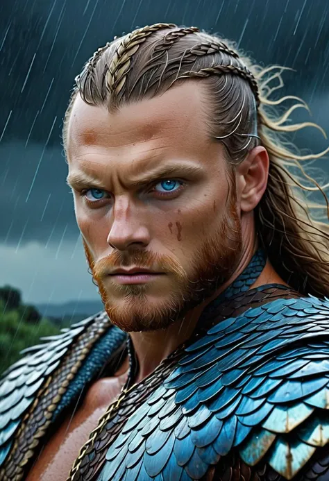 <lora:Scaleborn_SDXL:0.8>,scales, Fabric art style, Pastels artwork of a Sinister Viking King with Pale Blue Eyes, Human, Stormy weather, Very wide view, Anime screencap, Proud, Native Art, F/8, Calotype, (stylized by Romare Bearden:1.0) , Arman Manookian, Moody lighting, Rain,Storm,Dark Weather,