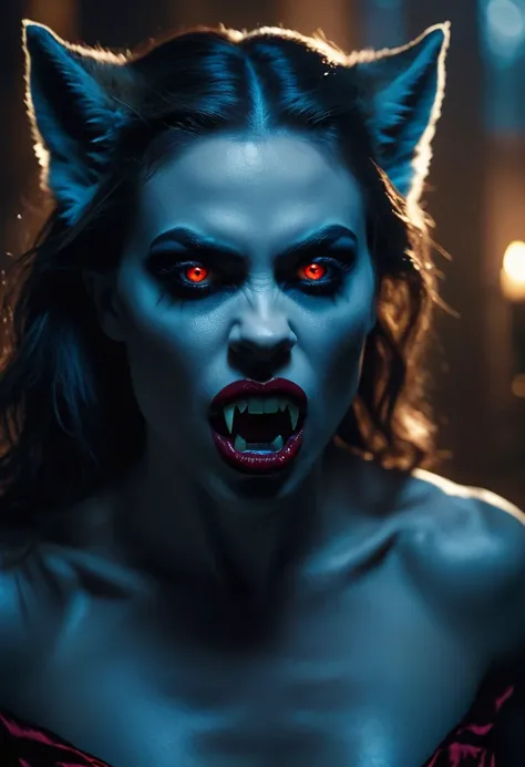 cinematic film still of <lora:vampire fangs teeth 2:0.8>Digital artwork, VRay,
22yo Muscular Pale Beauty Morphing Werewolf Woman Hybrid Vampire with a Beautiful Mouth Large Fangs staring at camera From the Darkest Shadows, shallow depth of field, vignette, highly detailed, high budget, bokeh, cinemascope, moody, epic, gorgeous, film grain, grainy,cinematic fog,Blue Neon, SunRise, Large Bay Window, Roses, Soft Tone and Features, Moody lighting,Harsh Darkness,Sultry,Red Silk Sheets,Veins and fur, Sinister and wicked, Full Moon,Dark Blue Mode,Perfect Teeth,Long Fangs,Zoomed On Lips,Yellow Glowing Eyes,Sparks on Cheek, Wolf Ears on Head