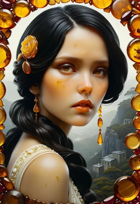 <lora:ral-amber:1>, ral-amber, Raw digital photo, Cement of a hyper detailed, Australian (Sister Female Calligrapher:1.3) ,They are Seductive, stylized, 1920's hairstyles, Dark Black Hair, Dark Black hair,hillside, Foggy, soft focus, Graphic novel, Suffering, High Shutter Speed, Kodak Portra 160, 50mm, Ambrotype, (art by Brad Kunkle:0.9) , (H.P. Lovecraft:0.8), Amber Bed,Gold Coins,Trinkets and Jewelry, Diamonds Scattered, Rubies,Delicate Silk Sheets, Puffy Rosey Cheeks,