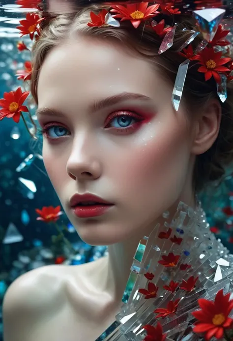 A glittering and dreamlike photorealistic digital render, A crystalline Goddess made of pieces of broken glass, puddle of Ocean, Underwater Flower room, Made_of_pieces_broken_glass, transparent glass, shards, pieces of glass, surreal, Angelic, hyperdetailed, glittering eyes,Red Mode,Alluring,Romantic Lighting, 32k, complex and razor-sharp background with dynamic lighting, a masterpiece,moody lighting, Friarmoody lighting,Red Hour, (art by Heiner Luepke:1.2)