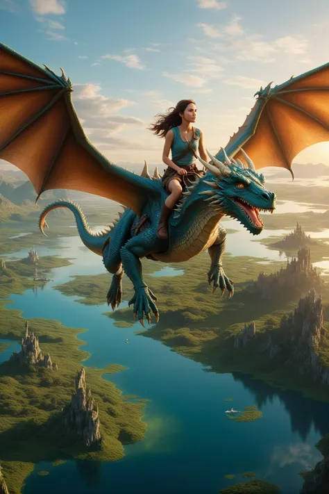 (cinematic still of flying along side attractive young woman on a dragon's back:1.3),Soaring on a Dragon Over Mystical Lands: Envision an ethereal dragon soaring gracefully over a landscape brimming with fantastical flora, shimmering lakes, and floating islands, bathed in the golden glow of an otherworldly sunset.