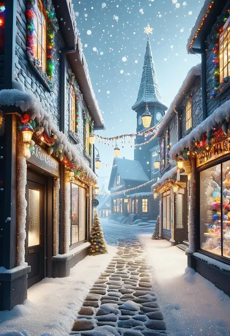 The detailed village glows with warm golden light from colorful Extravagance Christmas Lights hung along detailed cobblestone streets, reflecting off freshly fallen snow creating a surreal wintry fairytale atmosphere,Store front, frosty glass, Sharp and in focus,8k, Moody lighting, (art by Huang Guangjian:0.8) and (Marc Davis:0.8), Friarmoody lighting,Bloom light,studio lighting,Moody lighting masterwork Redshift render, <lora:SDXLFestiveSnow:0.8>, snow mode,snowing,