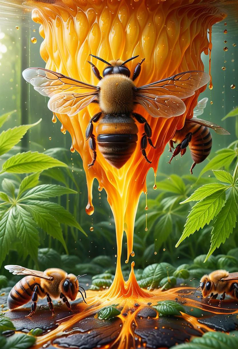 by Anna Dittmann, an ultra-realistic cannabis background with hyperdetalization, <lora:ral-lava:1>ral-lava, bees swarm, bee flying,bee hive,large bee wings, fantastic bee honey rain, beeing all over the place,thick honey dripping down picture,brilliant bright backdrop bright bee energy