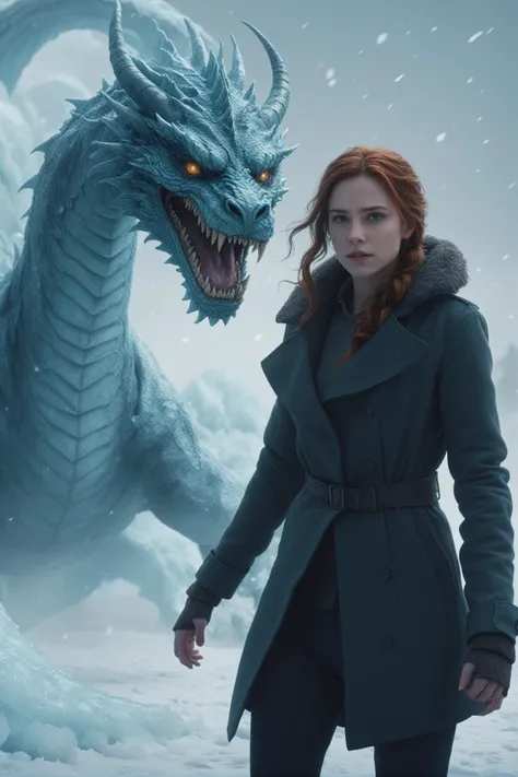 (clothed, masterpiece,wide angle, cinematic establishing shot,young adult european woman, highly detailed background:1.2), volumetric lighting, subsurface scattering, dynamic pose, (special effects, color grading, fantasy aura), (Ice Wyrm:1.4), Coiling through a blizzard, serpentine form, cold color palette sfw