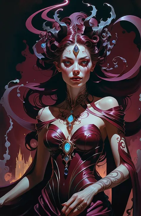 <lora:EnvyInkSwirlXL01:0.8>made of swirling ink, Romantic Painting, Romantic Beautiful Pale Gotham Goddess Sorceress, natural Dark lighting, Kodak portra, Maroon background, (fantasy art by Peter Mohrbacher:0.7),clear bright eyes,intricate details,smooth skin,color pop,moody lighting,Neon background