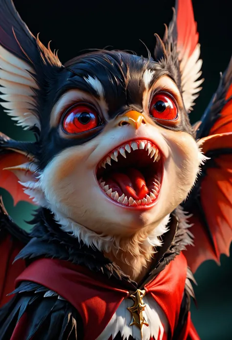 <lora:Critterz:1>Critterz,Cute Mode,Open mouth, Sharp Teeth, designed by Philip-Lorca diCorcia, StanisÅaw Ignacy Witkiewicz,close up of a Vampiric (Robin:1.1) , sharp and in focus, Nikon d850, Depth of field 270mm, anaglyph filter, Friarmoody lighting,Red hour, Moody lighting, sharp, Raw, Realistic