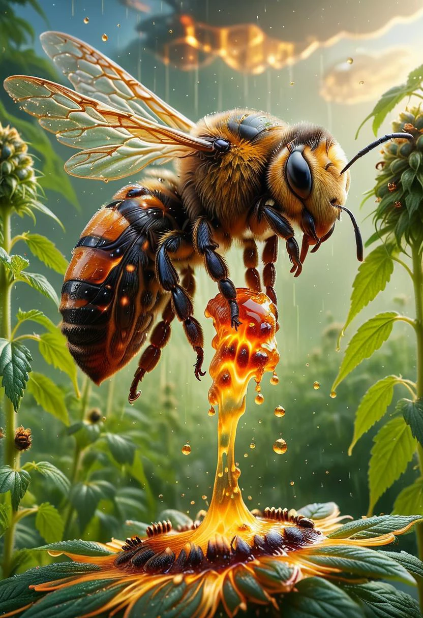 by Anna Dittmann, an ultra-realistic cannabis background with hyperdetalization, <lora:ral-lava:1>ral-lava, bees swarm, bee flying,bee hive,large bee wings, fantastic bee honey rain, beeing all over the place,thick honey dripping down picture,brilliant bright backdrop bright bee energy