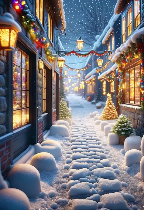 The village glows with warm golden light from colorful Extravagance Christmas Lights hung along detailed cobblestone streets, reflecting off freshly fallen snow creating a surreal wintry fairytale atmosphere.,Sharp and in focus,8k, Moody lighting, (art by Huang Guangjian:0.8) and (Marc Davis:0.8), Friarmoody lighting,Bloom light,studio lighting,Moody lighting masterwork Redshift render, <lora:SDXLFestiveSnow:0.8>, snow mode