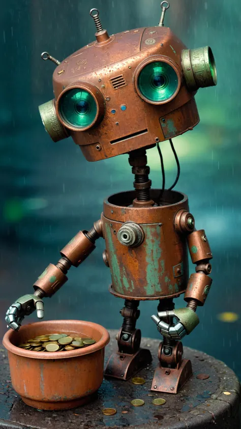 homeless robot, oversized head, pitted metal texture, asymmetrical eyes, one green lens, earthy browns, rust tones, soliciting for money, rainy dark day, cool muted blue background, soft shadows, ambient lighting, patched body, weathered plates, thin jointed arms, clamp hands holding coin cup, glowing blue rag, wet street, coiled spring, small ball beside, Shaun Tan emotive illustration, themes of survival, solitude in technology, melancholic atmosphere,
absurdres, high-sharp, ultra-highres, Sharp, 4K