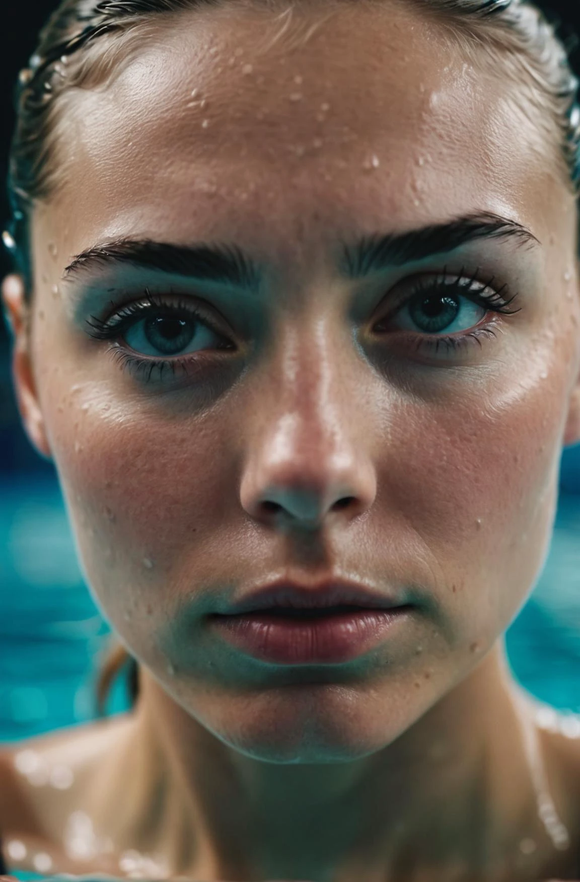 photograph close up portrait of Female Swimmer, serious, stoic cinematic 4k epic detailed 4k epic detailed photograph shot on kodak detailed bokeh cinematic hbo dark moody,realistic,skin pours,