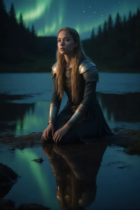 (cowboy shot, solo_focus,cinematic photoshoot of perfect seductive young woman:1.3),In the heart of a moonlit, ancient forest, a solitary Valkyrie kneels beside a serene lake. The water mirrors the night sky, dotted with constellations. Around her, ethereal, glowing runes float gently in the air, casting a soft light on her armor. The scene is enveloped in a profound silence, broken only by the distant, haunting calls of nocturnal creatures. Above, the Northern Lights dance solemnly, reflecting her somber expression as she contemplates the fallen warriors' souls she's destined to guide to Valhalla. The forest around her is both beautiful and melancholic, imbued with a sense of timeless reverence and a deep connection to the ancient Norse legends. sfw