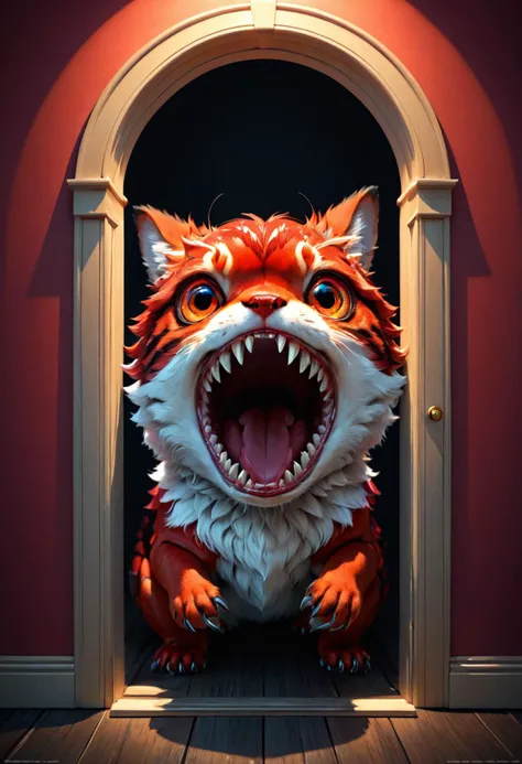 <lora:Critterz:1>Critterz,Cute Mode,Open mouth, Sharp Teeth, Vector Art, Fractal, ("From Door to Door":1.2) , it is Quaint, Bathed in shadows, FOV 90 degrees, (art by Franck Tacito:1.3) , (Ambrosius Bosschaert:0.9) , (Damien Hirst:0.8) , Shameful, Sots Art, L USM, Friarmoody lighting,Red hour, Moody lighting, sharp, Raw, Realistic