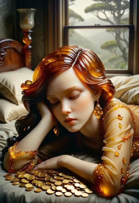 <lora:ral-amber:1>, ral-amber, Raw digital photo, Cement of a hyper detailed, Australian (Female Calligrapher:1.3) , she is Seductive, stylized, 1920's hairstyle, from inside a Bed and breakfast, hillside, Foggy, soft focus, Graphic novel, Suffering, High Shutter Speed, Kodak Portra 160, 50mm, Ambrotype, (art by Brad Kunkle:0.9) , (H.P. Lovecraft:0.8), Amber Bed,Gold Coins,Trinkets and Jewelry, Diamonds Scattered, Rubies,Delicate Silk Sheets,