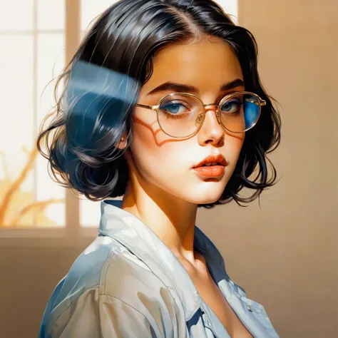 (art by J.C. Leyendecker:1.0) , Anime, Oil painting, 21yo Beauty, 21yo Beauty is flawless, pleasant Roma Browline glasses, Hazy conditions, 800mm lens, lots of details, Smooth Skin,Full Body,Bold