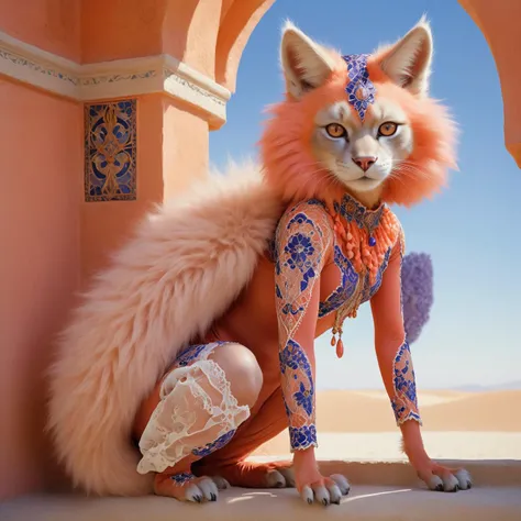 Bold,Clean,Perfection, designed by Jack Manini and Jim Burns, [painting, 21yo Buff Furry Humanoid, wearing Coral, Peach and Sand Moorish Tanzanite and Lace Clothed, Summer, F/14::15], Soft Light,Christmas,Unique Location,Full Body