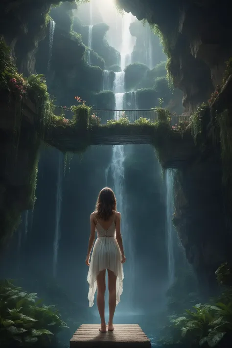 (1girl,perfect seductive young woman Discovering a Hidden Sanctuary in the Clouds:1.3), sanctuary floating amidst the clouds, ethereal and hidden, with hanging gardens, flowing waterfalls, and pathways lit by bioluminescent flora. sfw